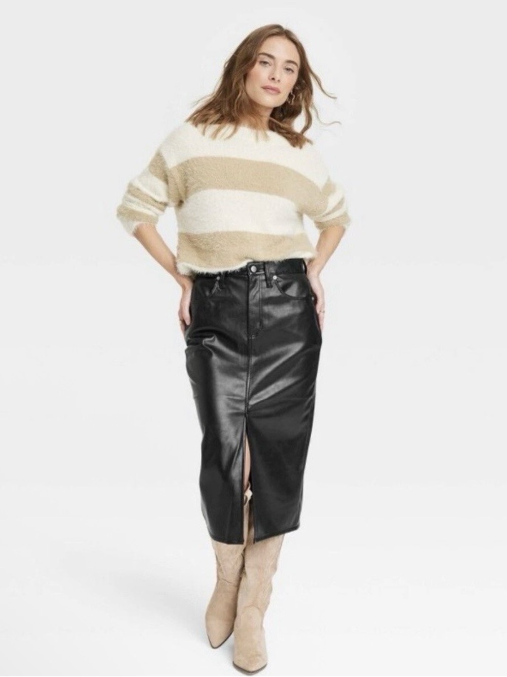 NWOT! Universal Thread High Rise Faux Leather Midi Skirt Black Size 10